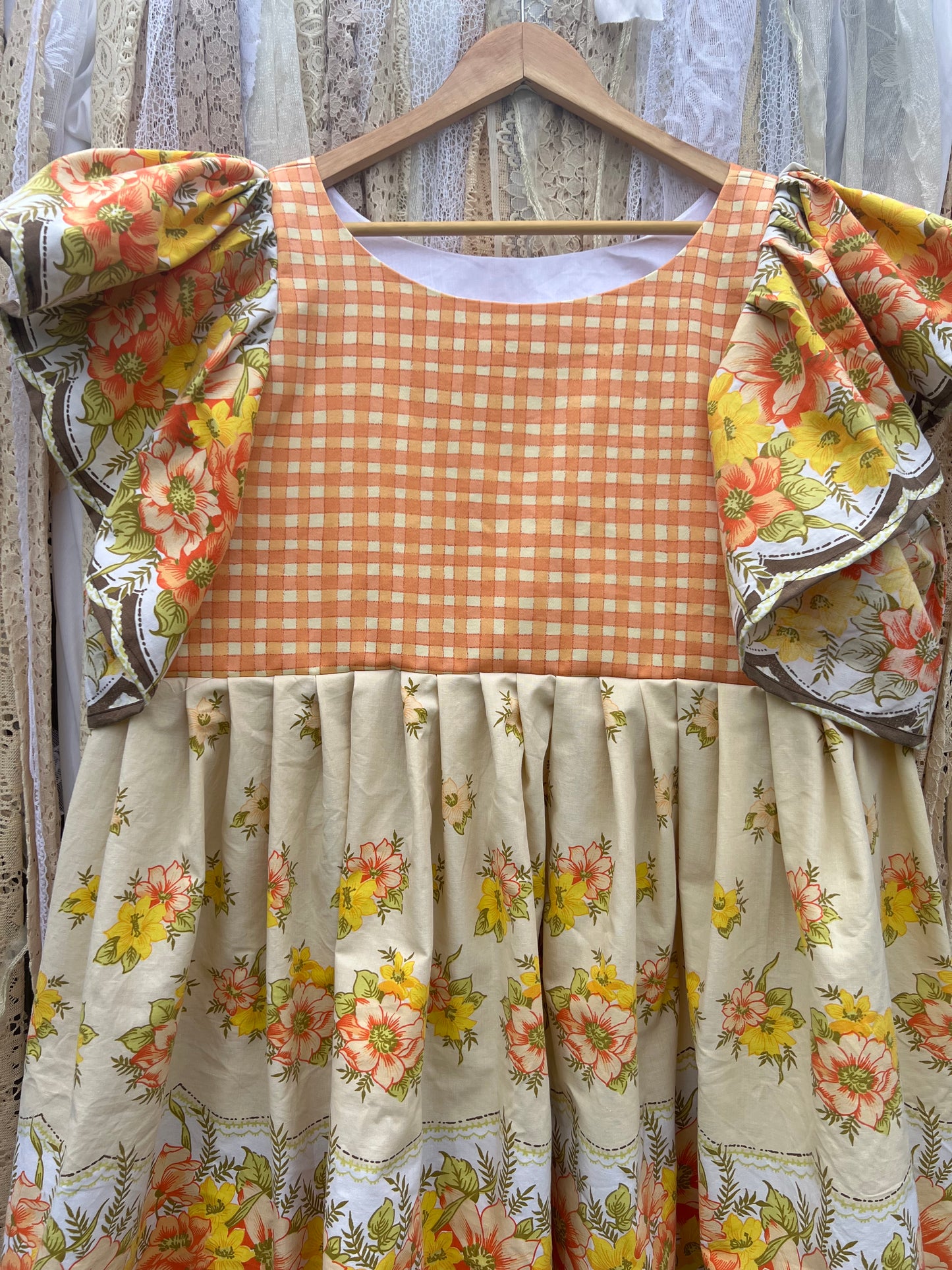 'Rosie' Gingham and 70s Floral Flounce Sleeve Smock Dress