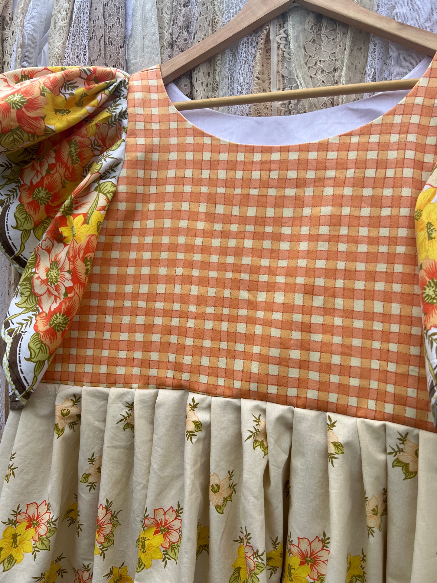 'Rosie' Gingham and 70s Floral Flounce Sleeve Smock Dress