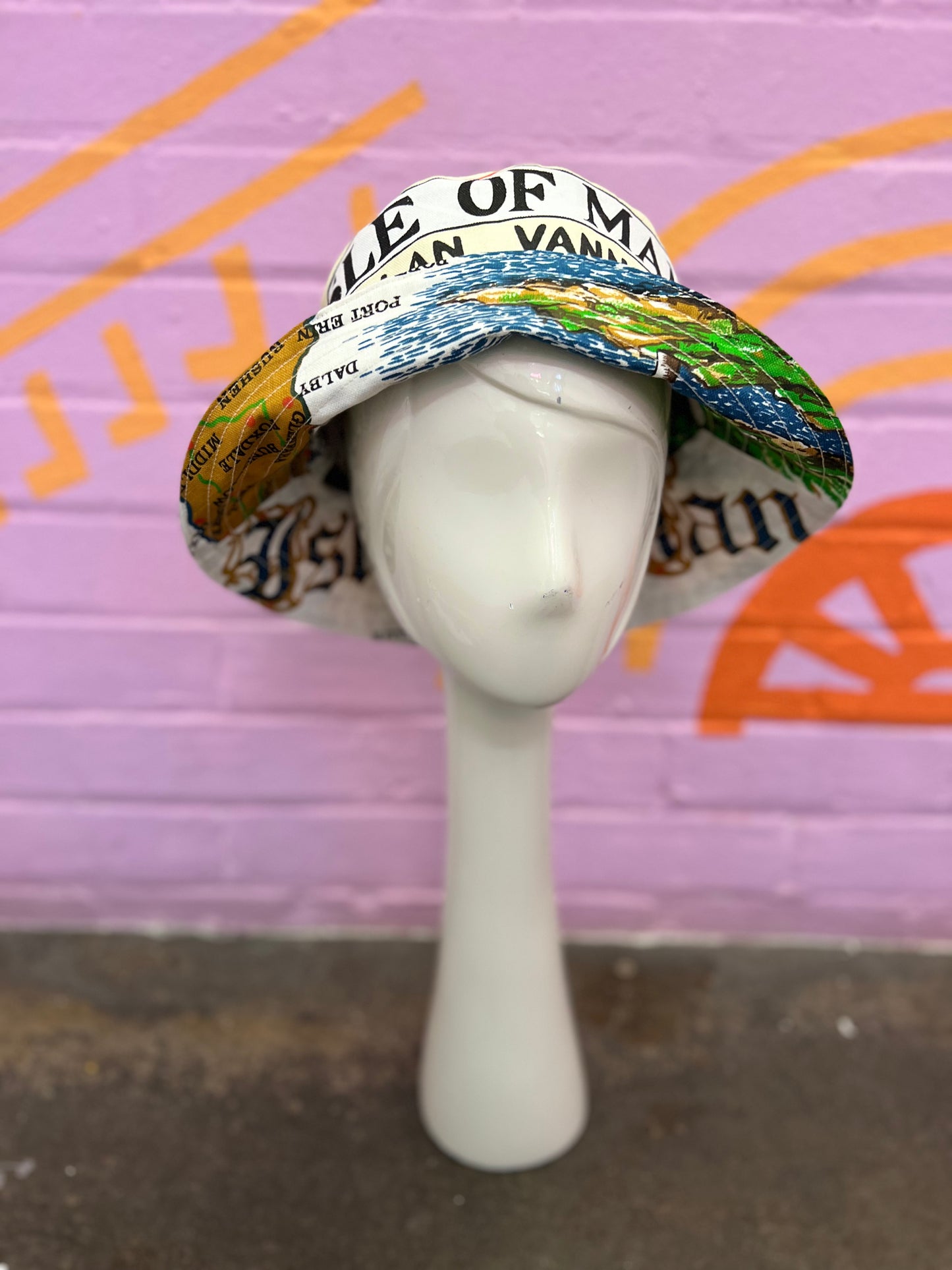 Handmade bucket hat made from two vintage tea towels, unique bucket hat handmade in Manchester and fully reversible