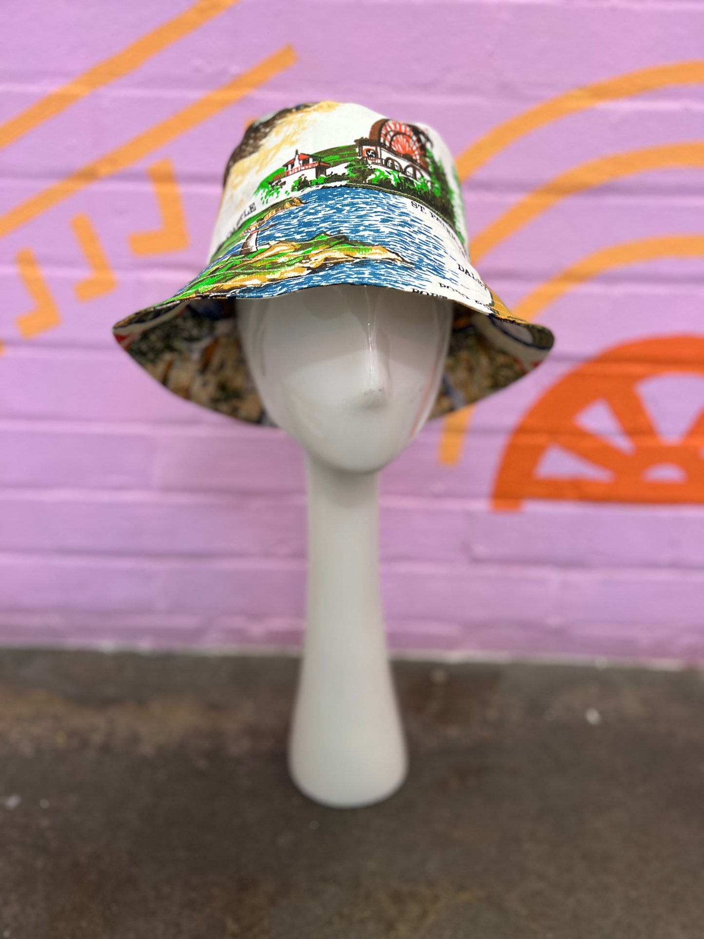 Handmade bucket hat made from two vintage tea towels, unique bucket hat handmade in Manchester and fully reversible