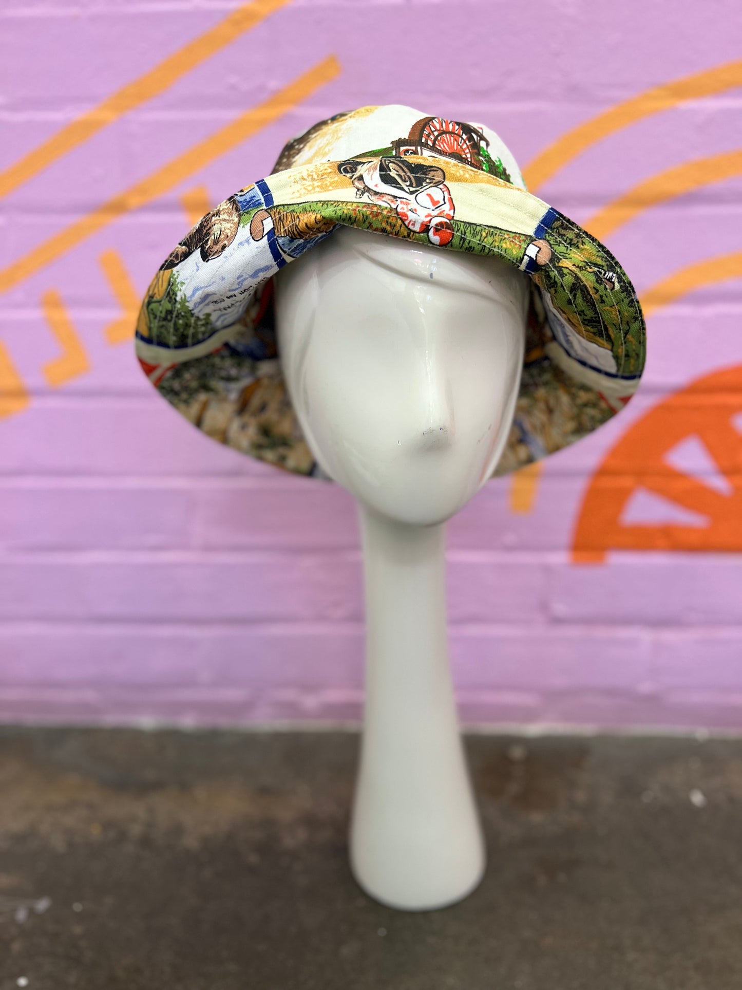 Handmade bucket hat made from two vintage tea towels, unique bucket hat handmade in Manchester and fully reversible