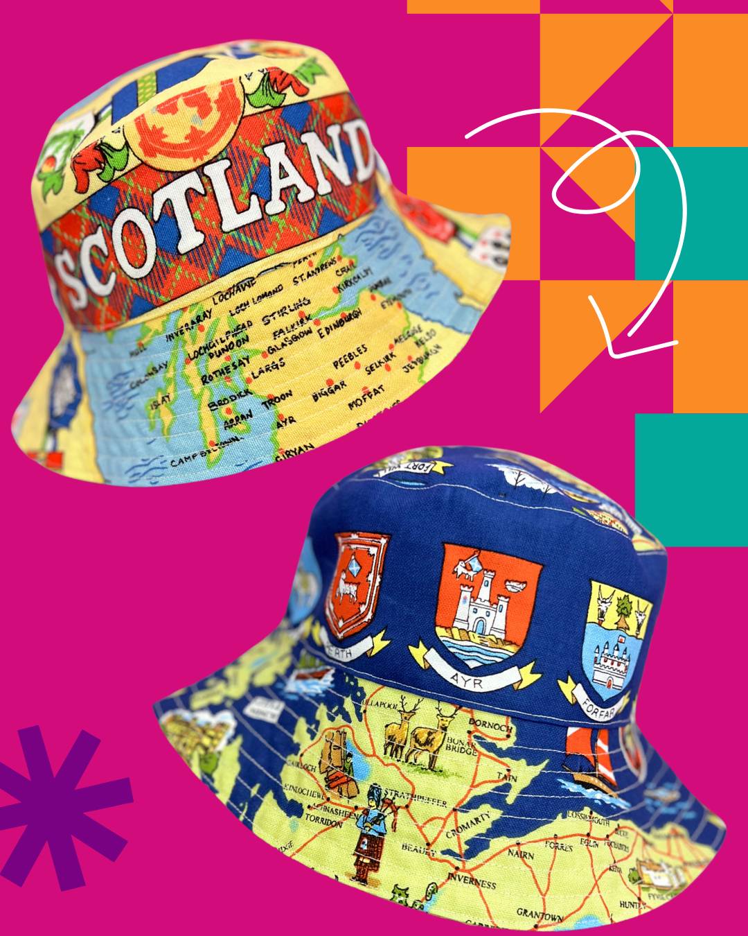 Handmade bucket hat made from two vintage tea towels, unique bucket hat handmade in Manchester and fully reversible