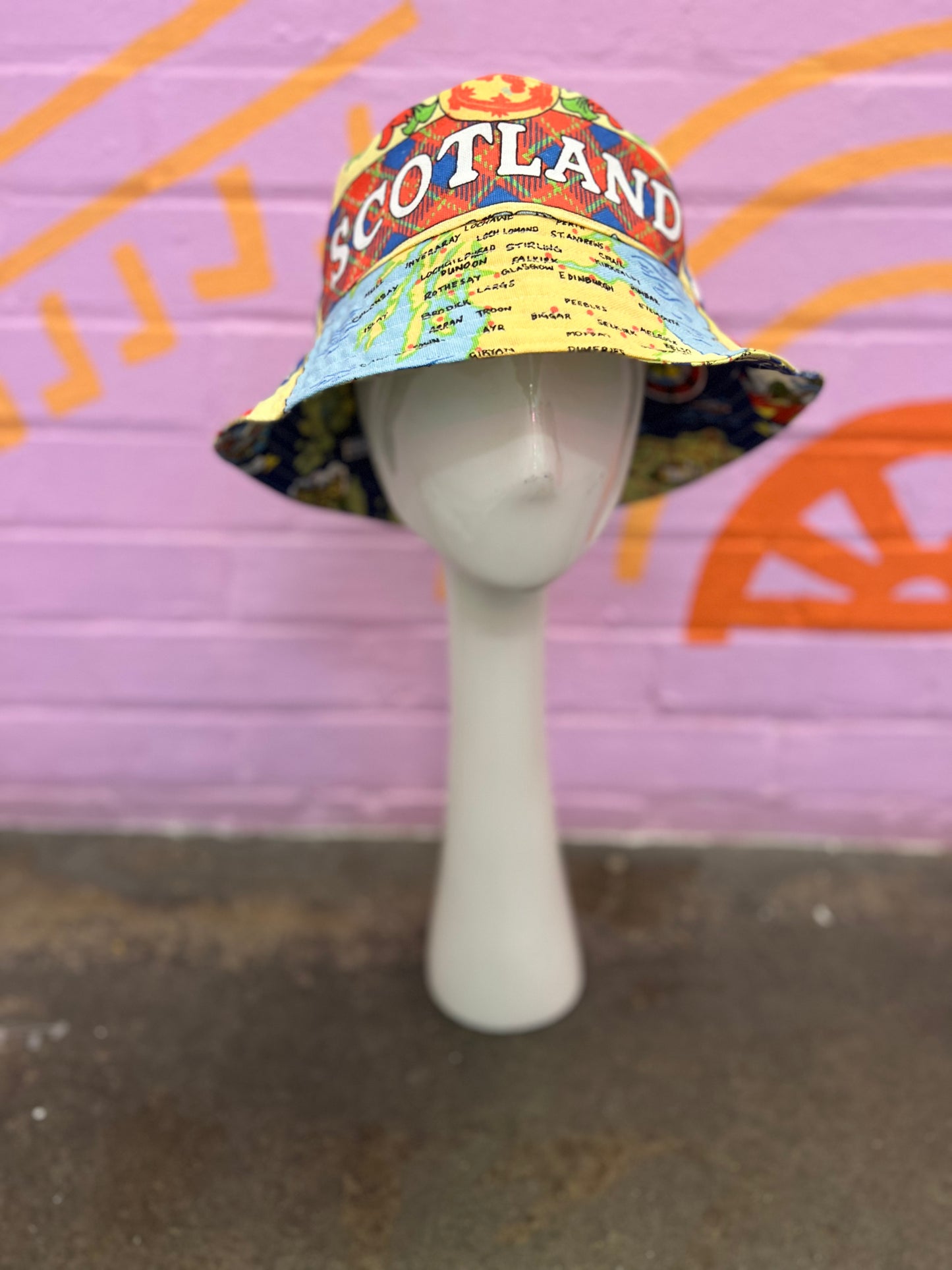 Handmade bucket hat made from two vintage tea towels, unique bucket hat handmade in Manchester and fully reversible