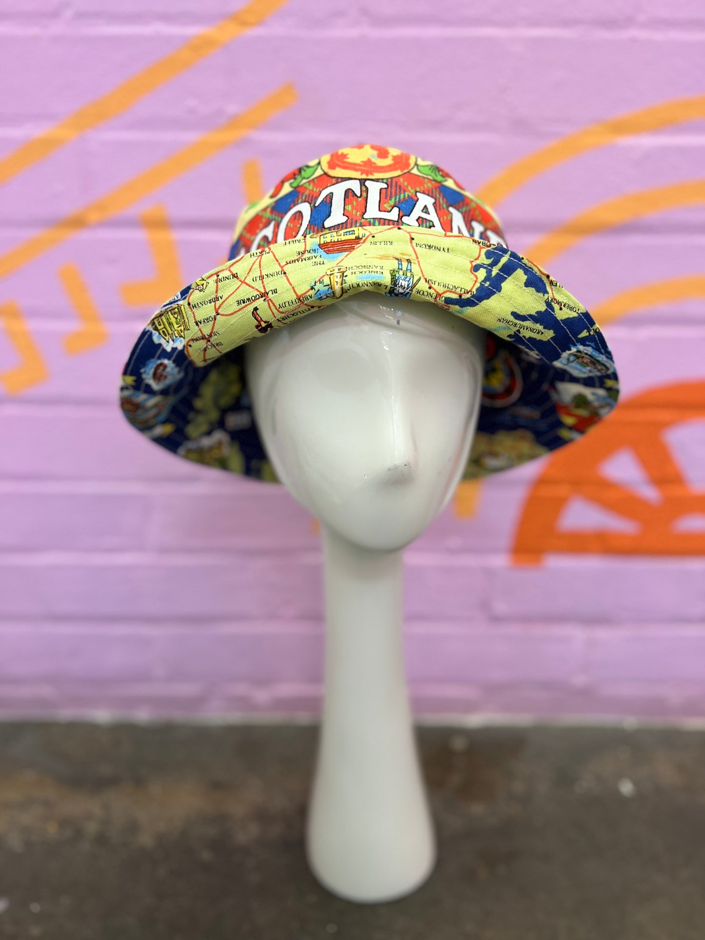 Handmade bucket hat made from two vintage tea towels, unique bucket hat handmade in Manchester and fully reversible
