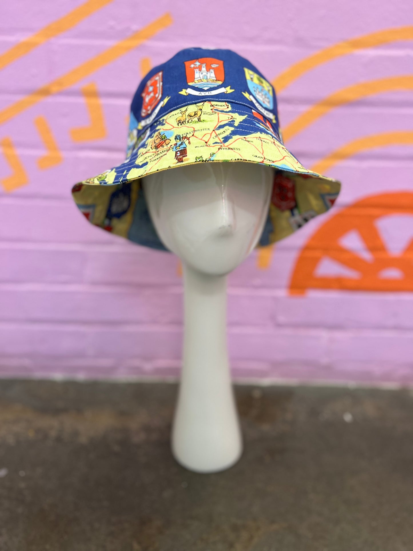 Handmade bucket hat made from two vintage tea towels, unique bucket hat handmade in Manchester and fully reversible