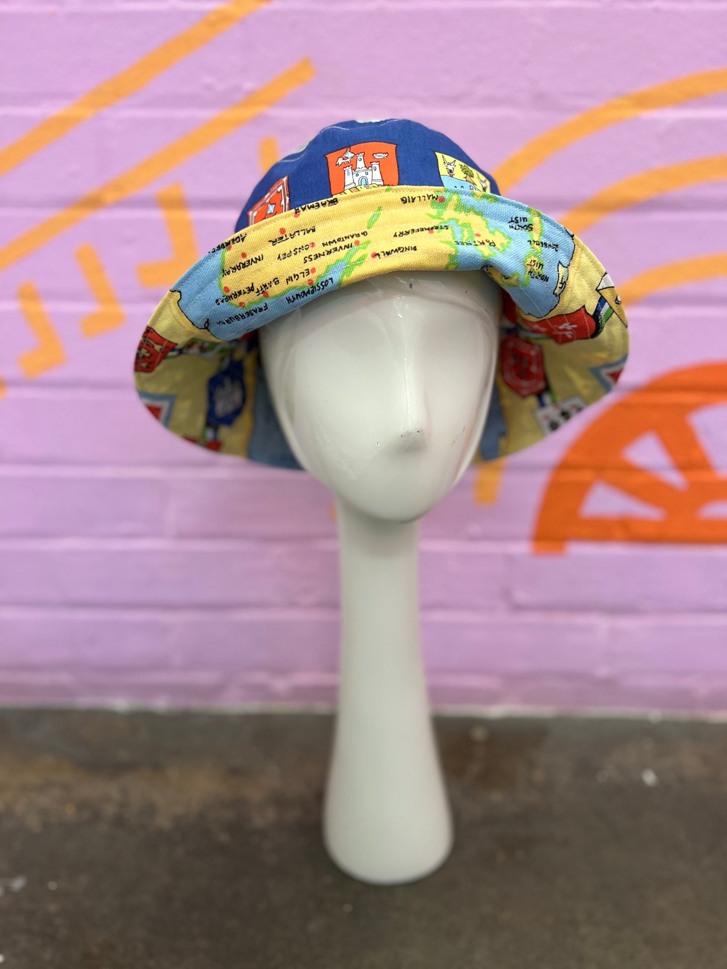Handmade bucket hat made from two vintage tea towels, unique bucket hat handmade in Manchester and fully reversible