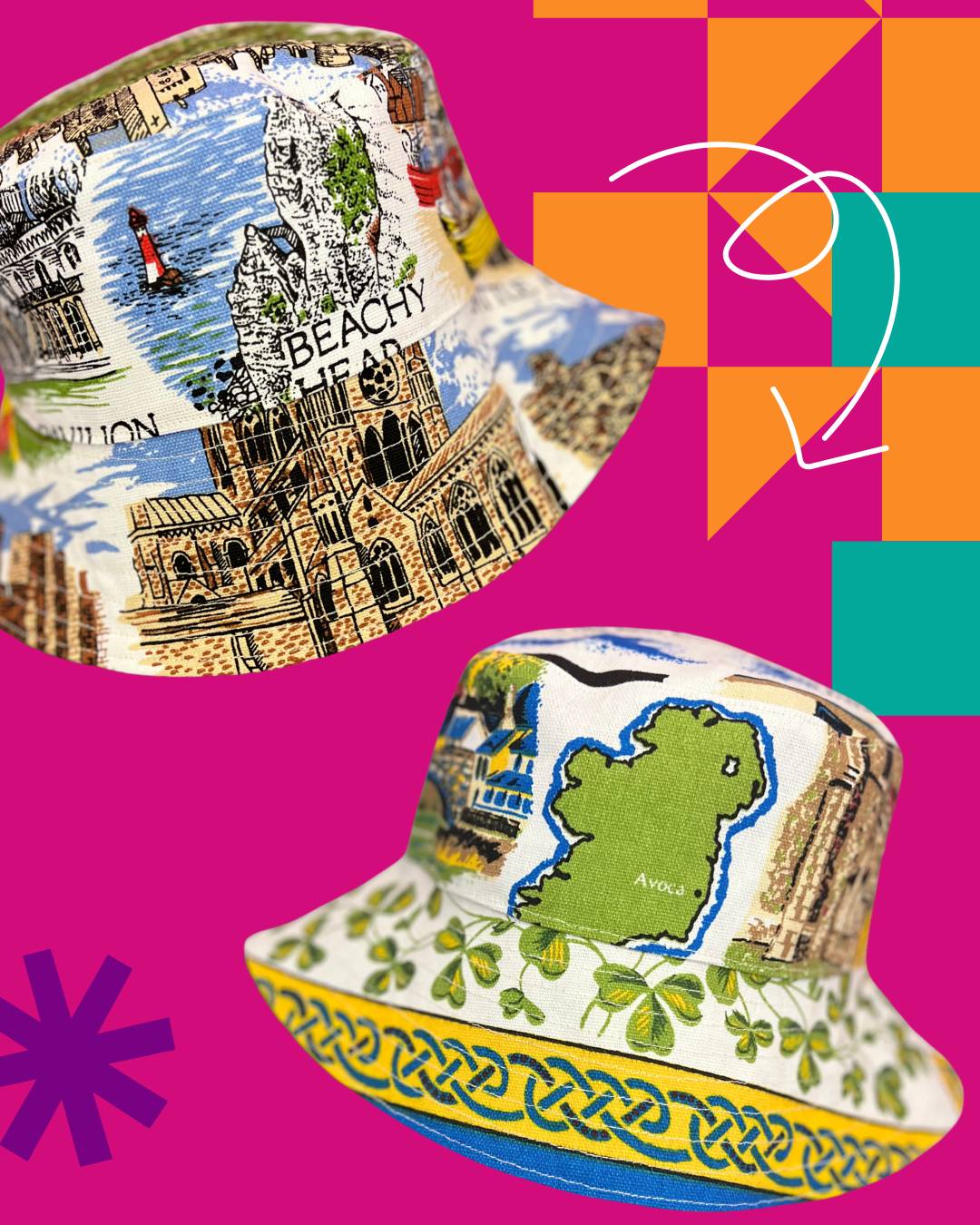 Handmade bucket hat made from two vintage tea towels, unique bucket hat handmade in Manchester and fully reversible