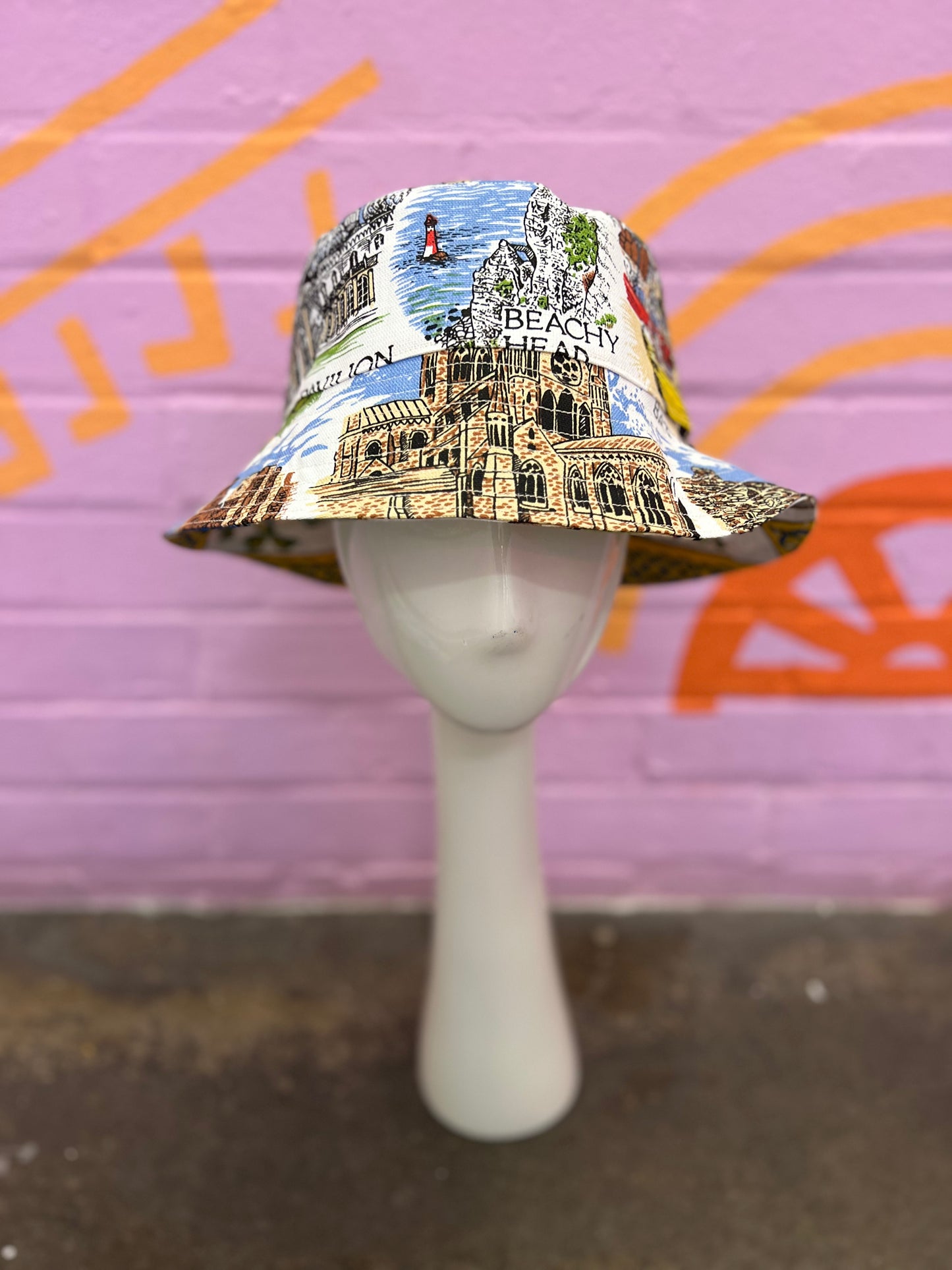 Handmade bucket hat made from two vintage tea towels, unique bucket hat handmade in Manchester and fully reversible