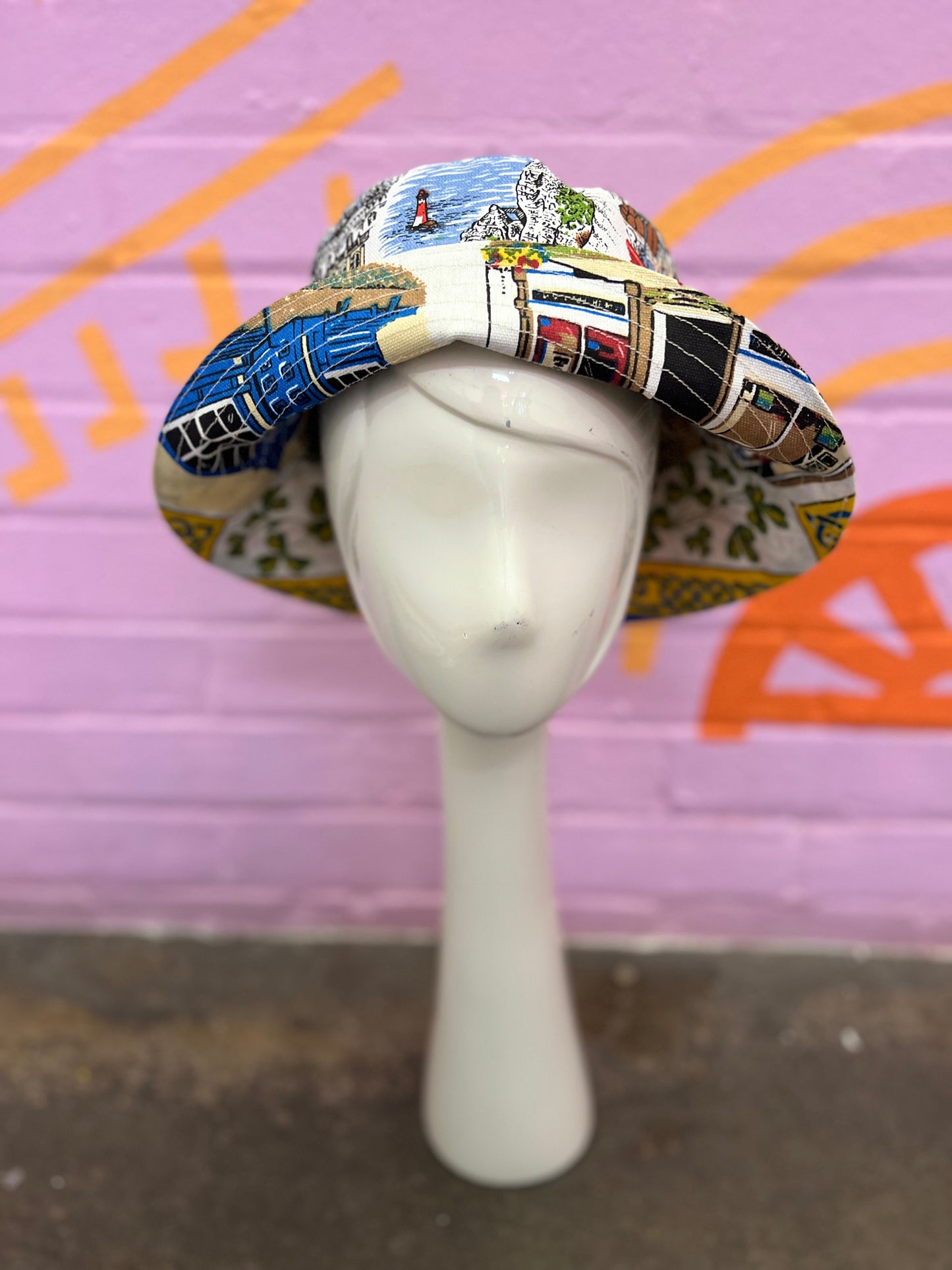 Handmade bucket hat made from two vintage tea towels, unique bucket hat handmade in Manchester and fully reversible