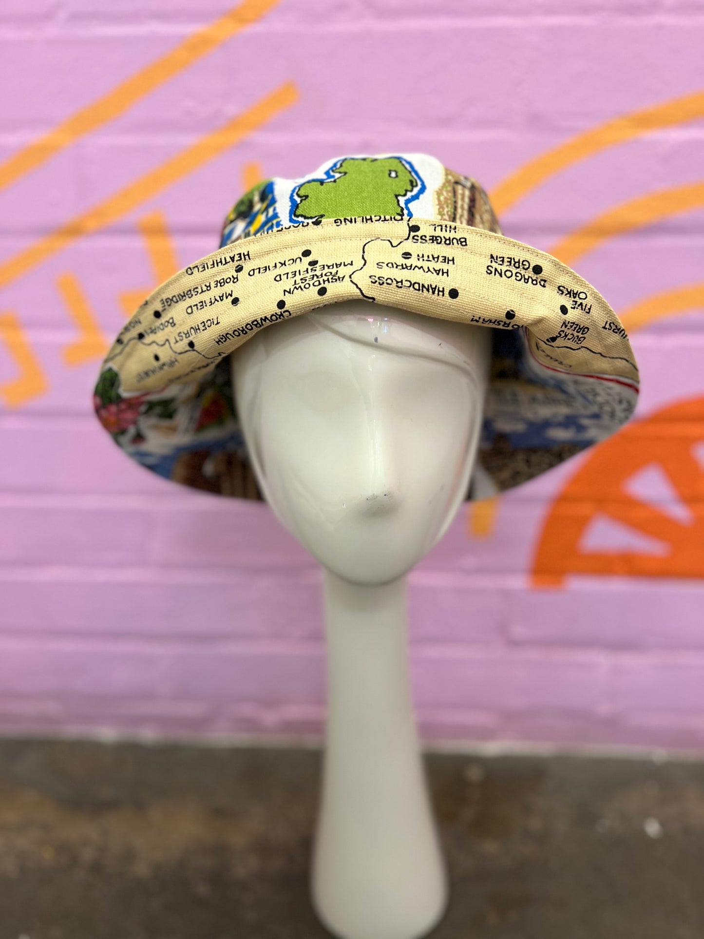 Handmade bucket hat made from two vintage tea towels, unique bucket hat handmade in Manchester and fully reversible