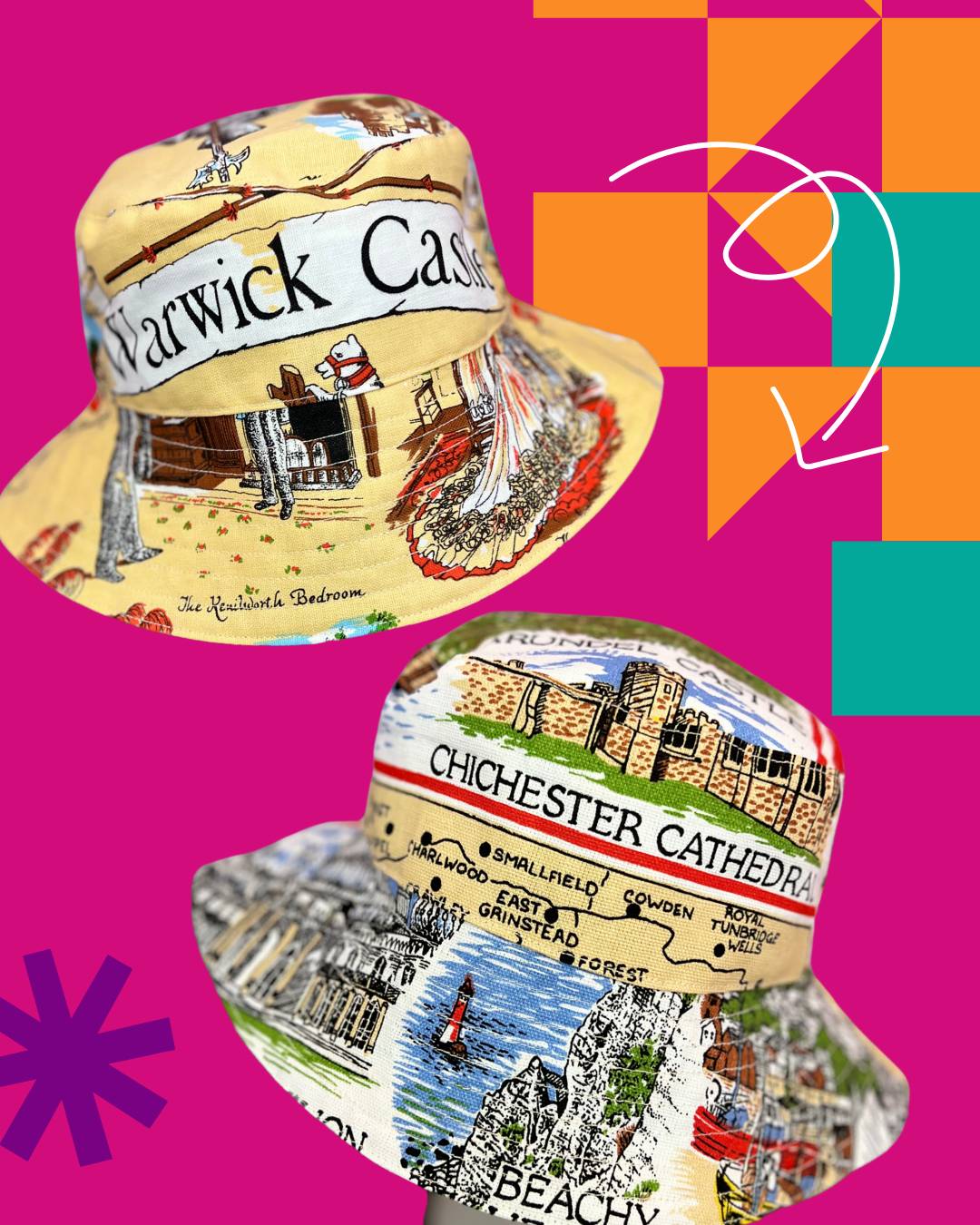 Handmade bucket hat made from two vintage tea towels, unique bucket hat handmade in Manchester and fully reversible
