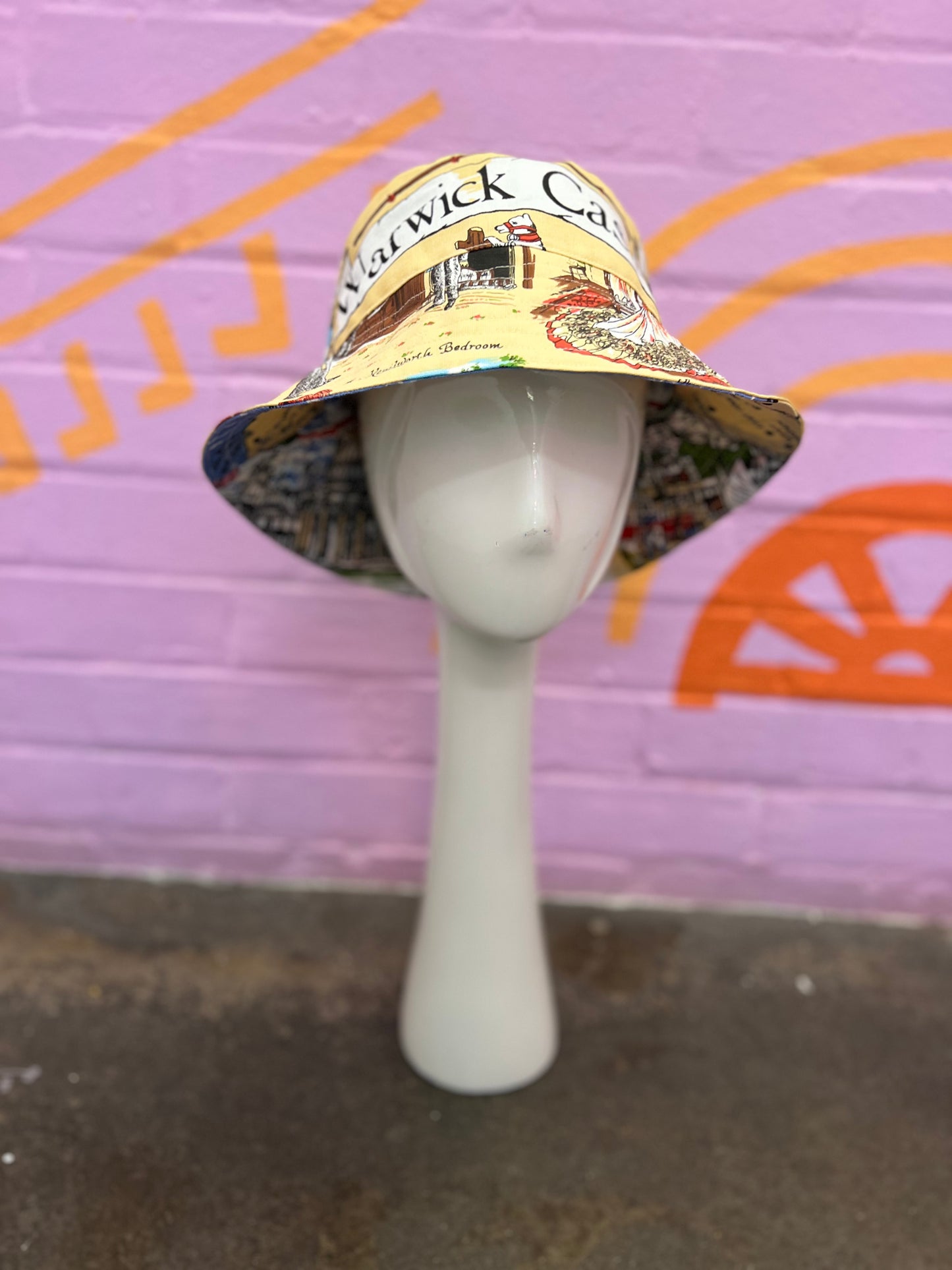 Handmade bucket hat made from two vintage tea towels, unique bucket hat handmade in Manchester and fully reversible
