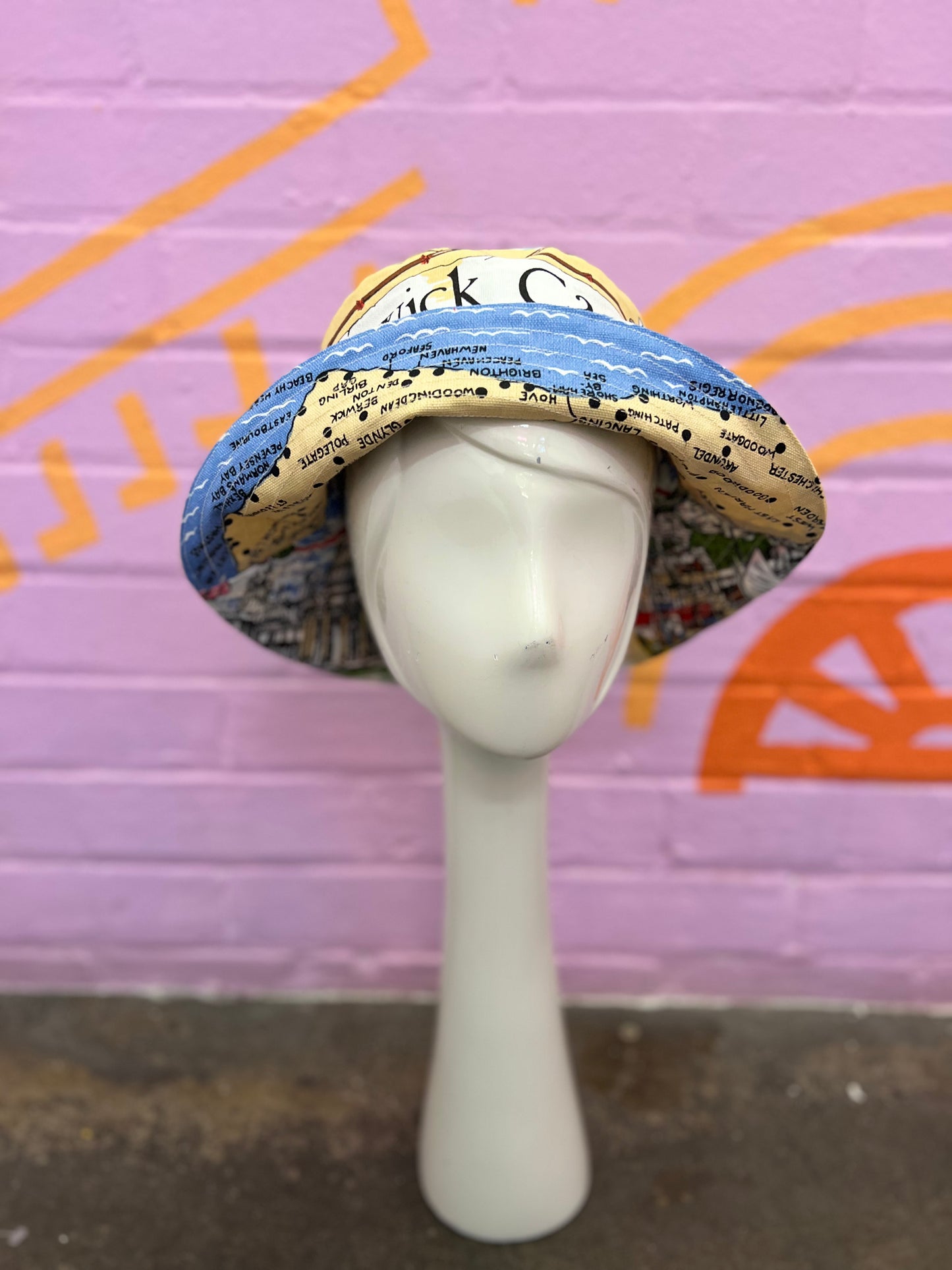 Handmade bucket hat made from two vintage tea towels, unique bucket hat handmade in Manchester and fully reversible