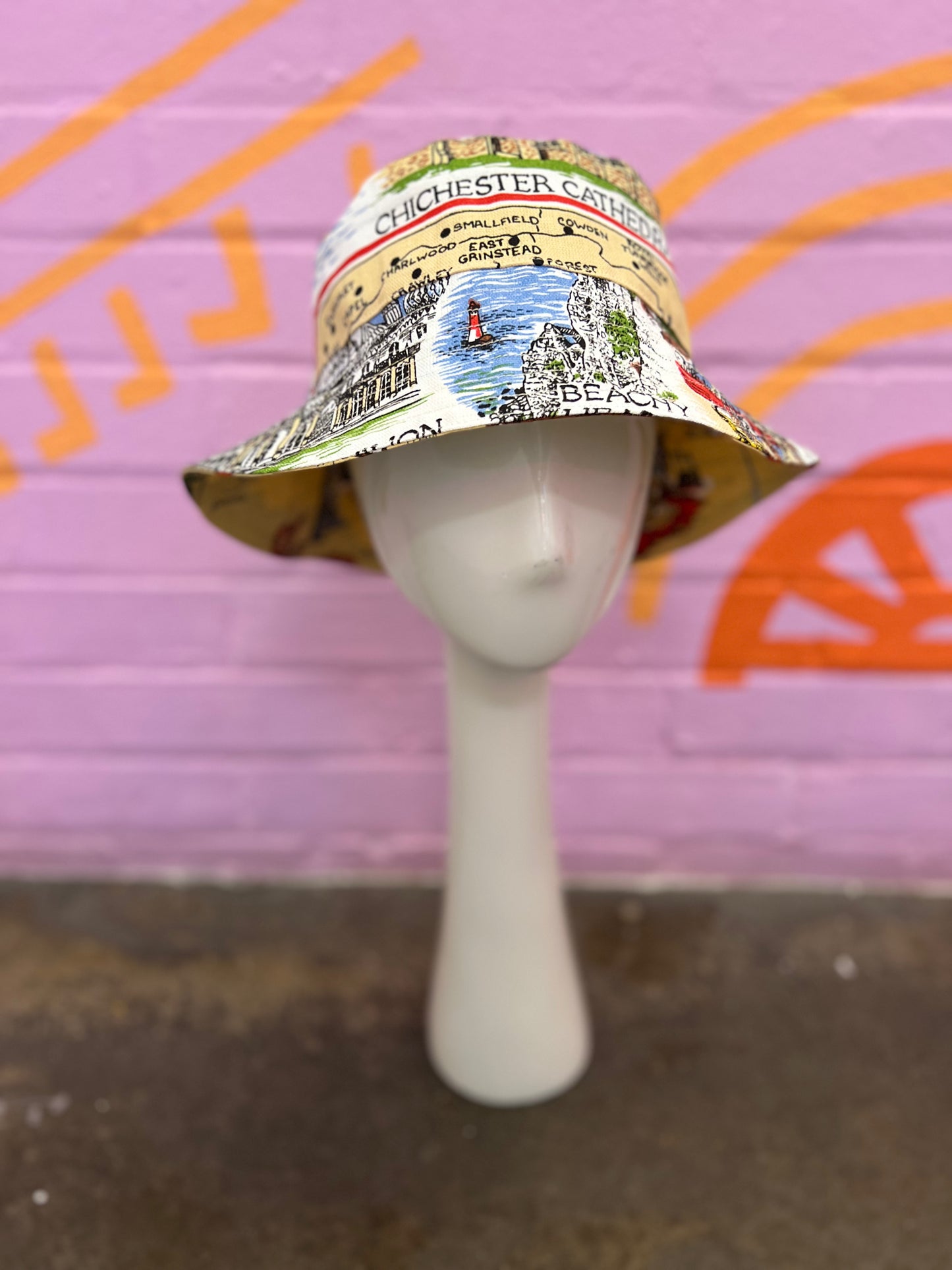 Handmade bucket hat made from two vintage tea towels, unique bucket hat handmade in Manchester and fully reversible