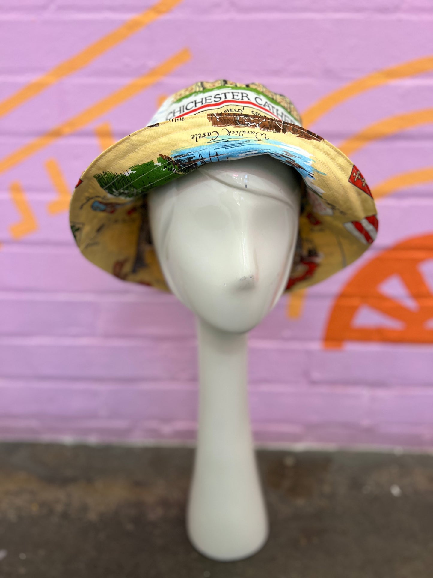 Handmade bucket hat made from two vintage tea towels, unique bucket hat handmade in Manchester and fully reversible