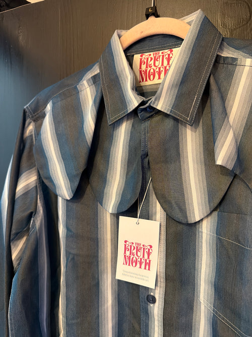 Blue Stripe Wave Collar Cropped Blouse- L