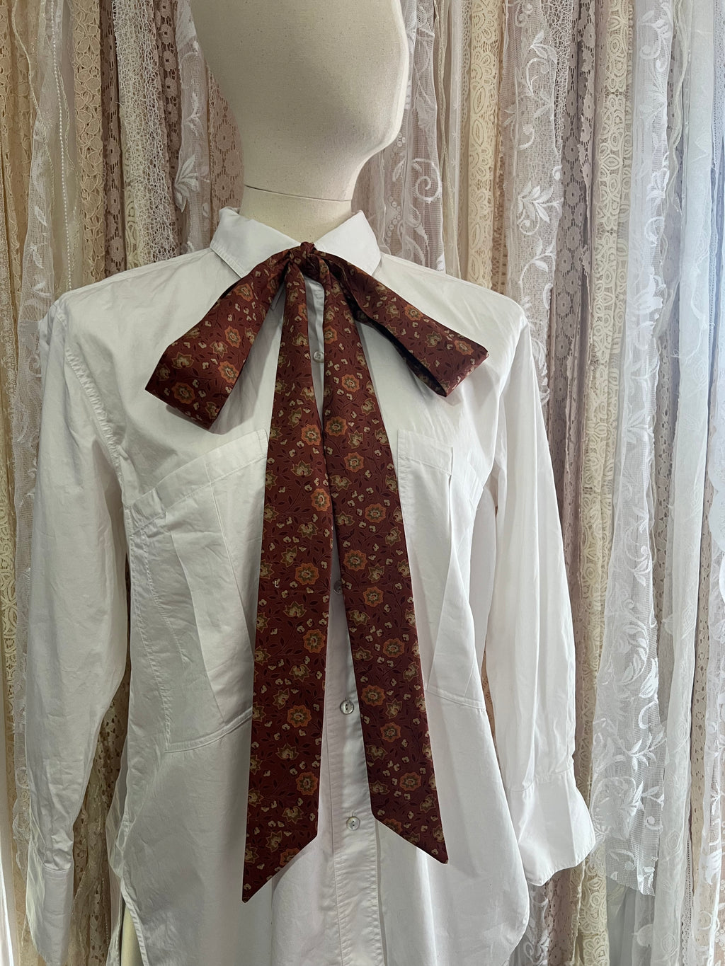 Terracotta Floral Lawn Cotton Pussybow Tie Collar