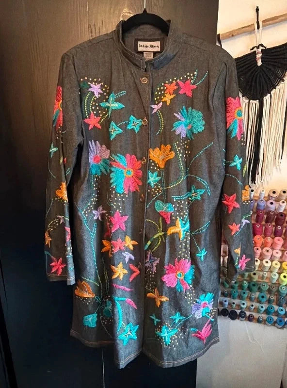 Incredible vintage Indigo Moon all over embroidered longline denim jacket
