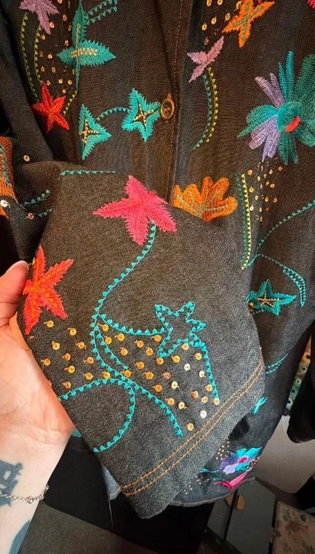 Incredible vintage Indigo Moon all over embroidered longline denim jacket