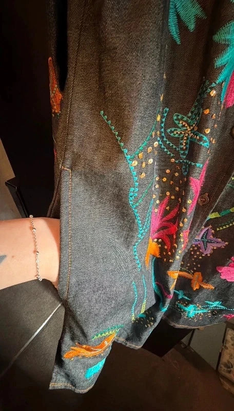 Incredible vintage Indigo Moon all over embroidered longline denim jacket