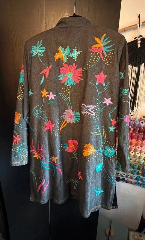 Incredible vintage Indigo Moon all over embroidered longline denim jacket
