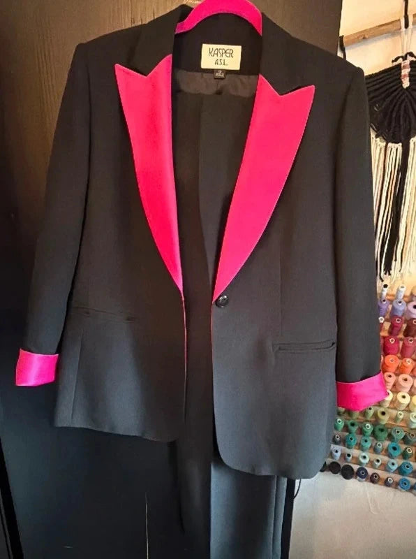 Vintage Kasper ASL black trouser suit with pink satin details