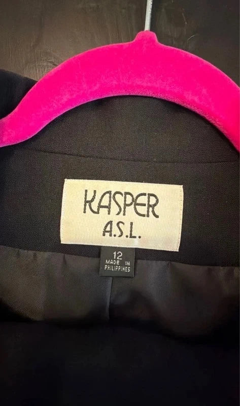 Vintage Kasper ASL black trouser suit with pink satin details