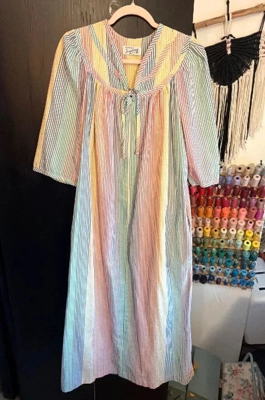 Incredible Vintage Saybury Rainbow Striped Long Sleeve housecoat Dress