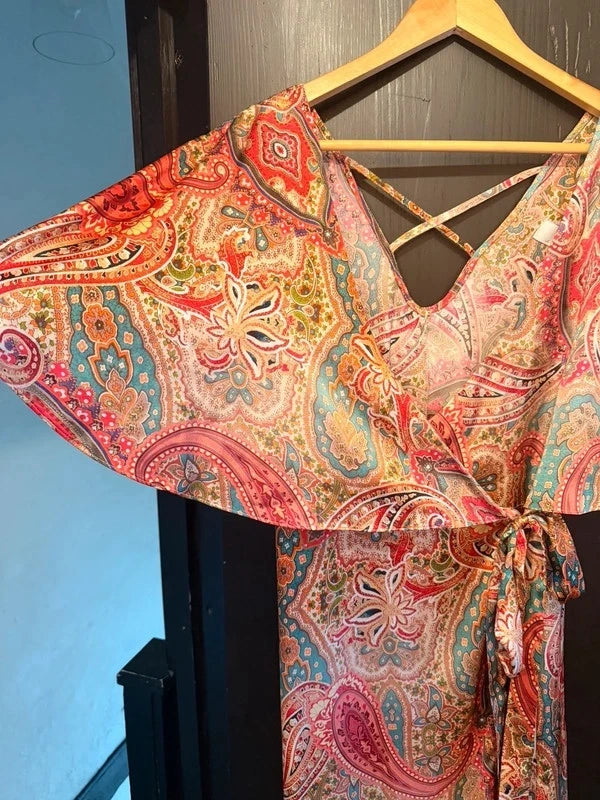 Wallis satin Paisley flutter sleeve wrap dress