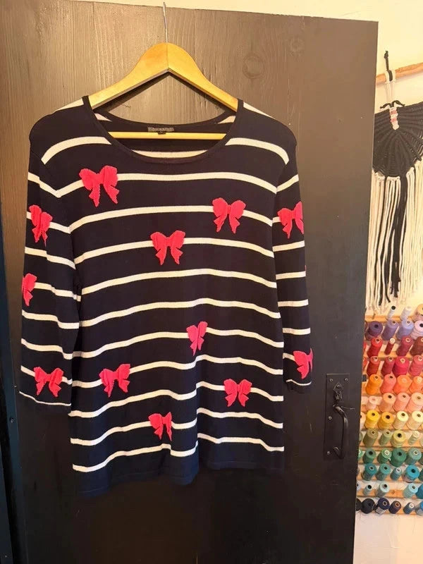 Casamia vintage navy and white stripe jumper with bright pink bows