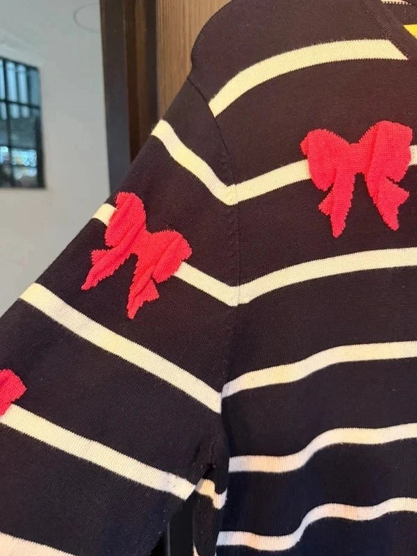 Casamia vintage navy and white stripe jumper with bright pink bows