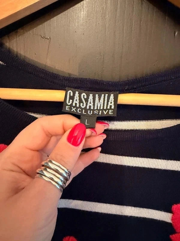 Casamia vintage navy and white stripe jumper with bright pink bows