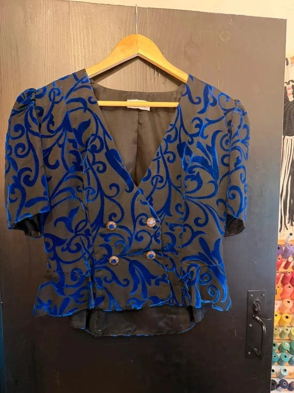 Vintage 80s jacquard bright blue and black velvet peplum short sleeve blazer
