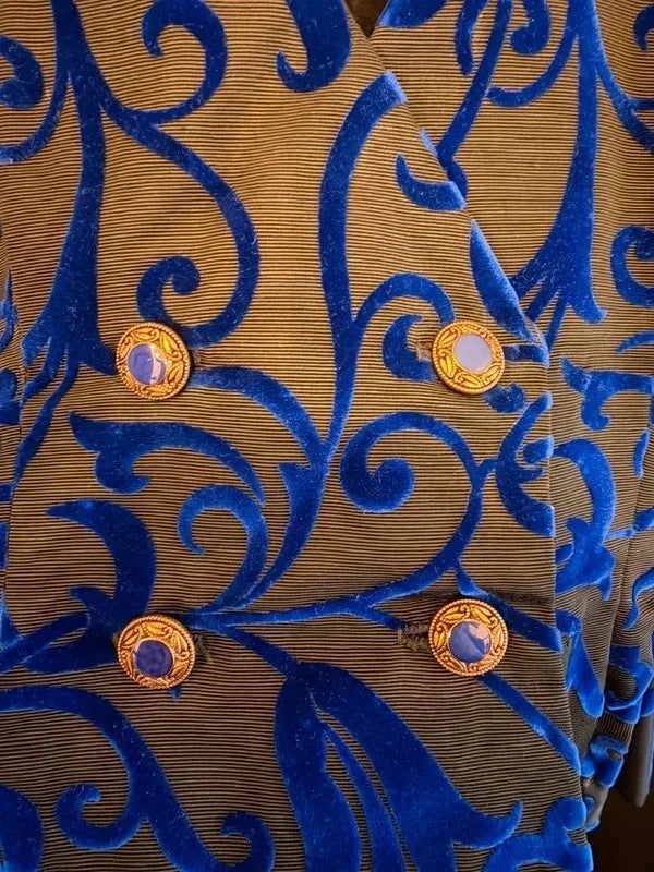 Vintage 80s jacquard bright blue and black velvet peplum short sleeve blazer