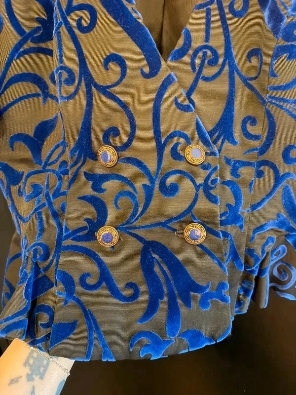 Vintage 80s jacquard bright blue and black velvet peplum short sleeve blazer