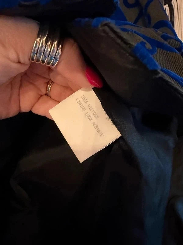 Vintage 80s jacquard bright blue and black velvet peplum short sleeve blazer