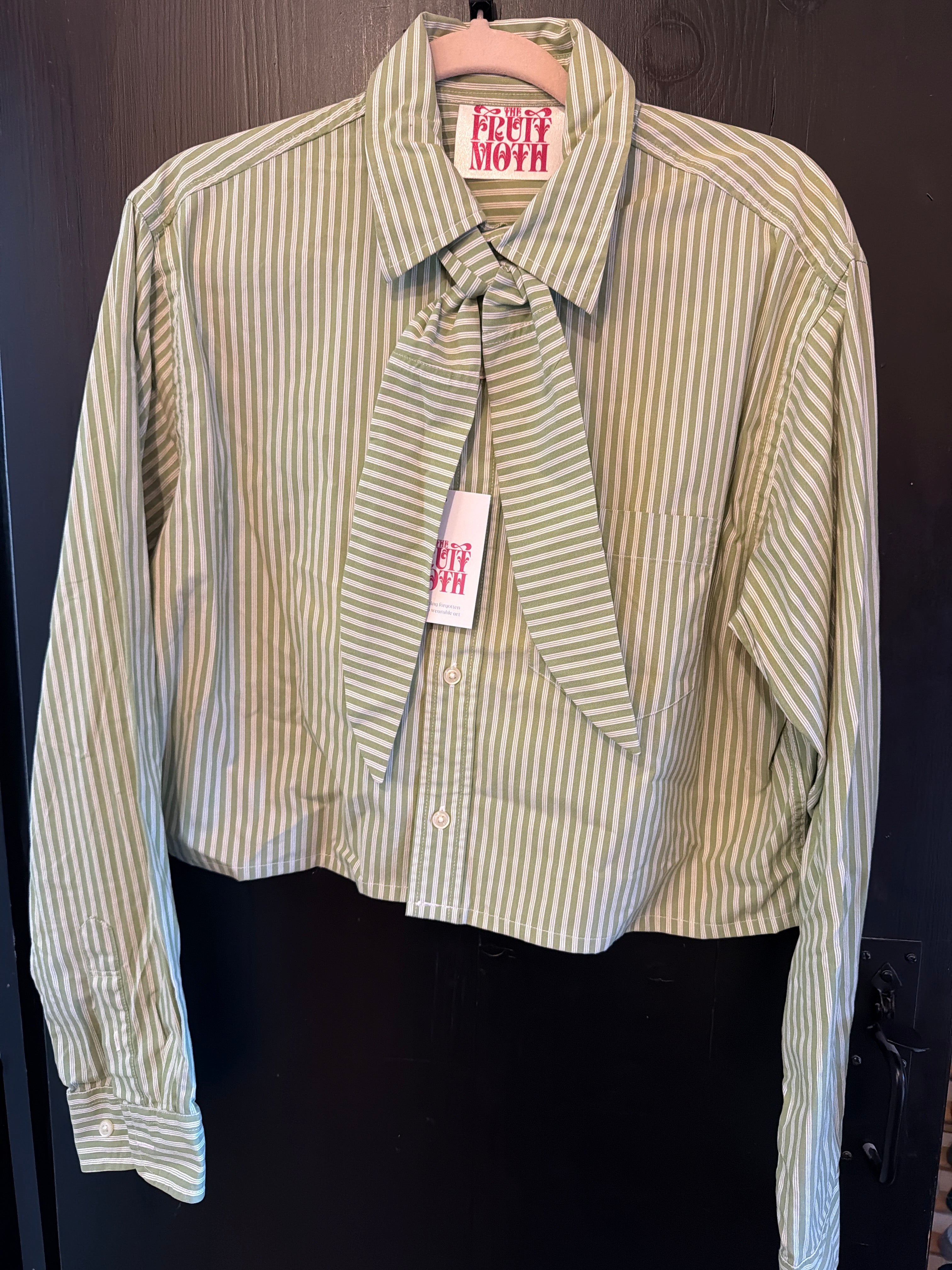 Green Stripe Tie Neck Reworked Blouse- L