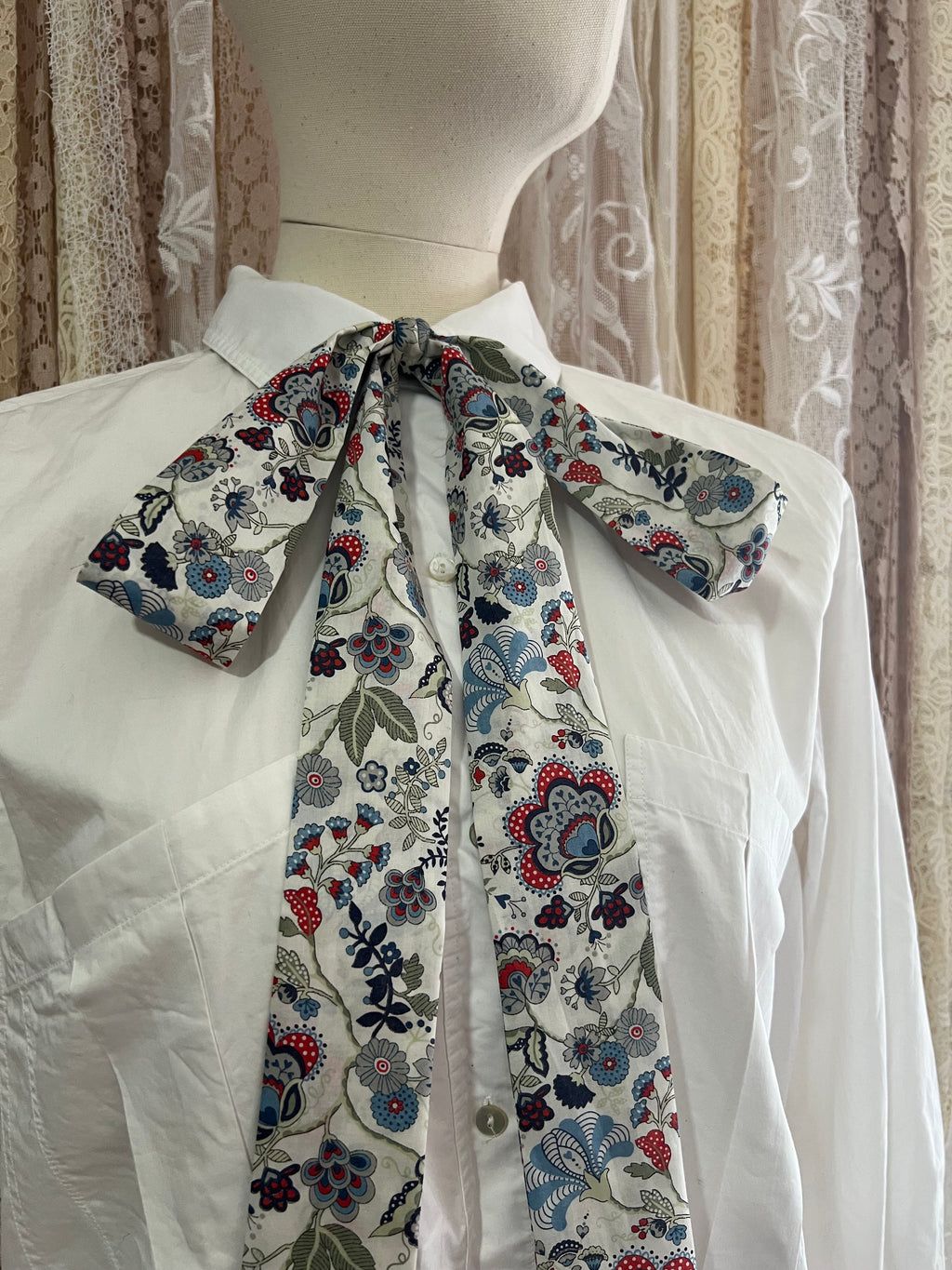 ‘Mabelle’ Blue Tana Lawn Cotton Pussybow Tie Collar