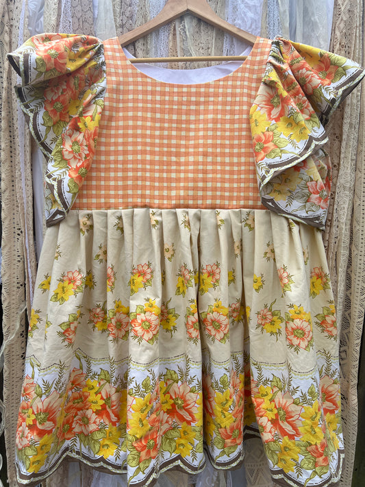'Rosie' Gingham and 70s Floral Flounce Sleeve Smock Dress