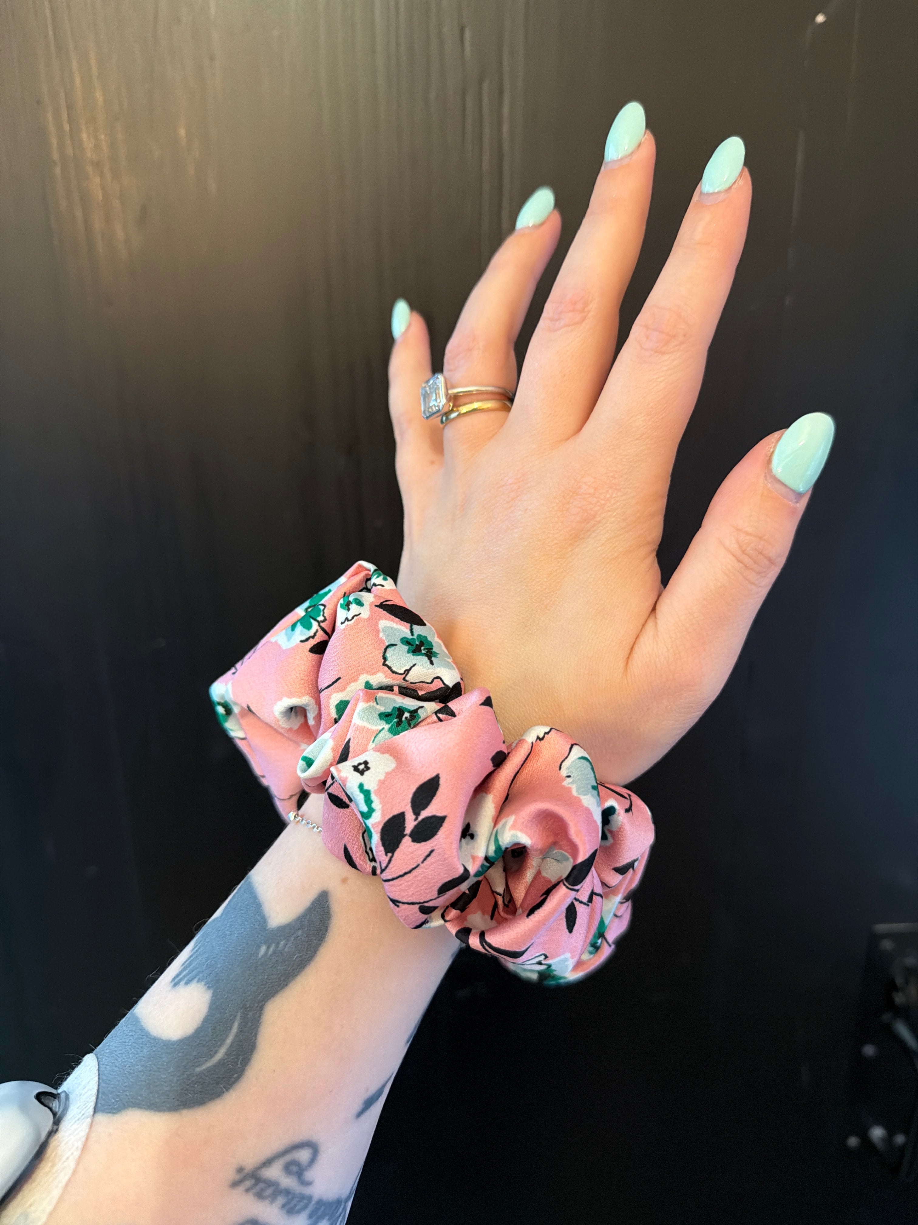 Pink Floral Satin Scrunchie
