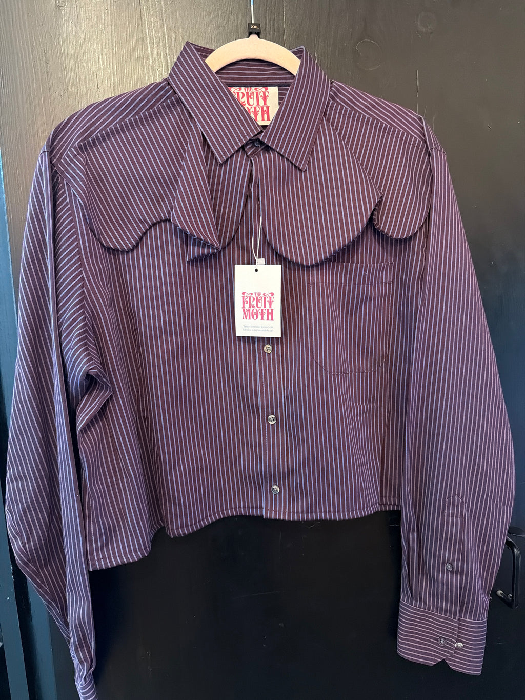 Maroon Stripe Wave Collar Cropped Blouse- XXL