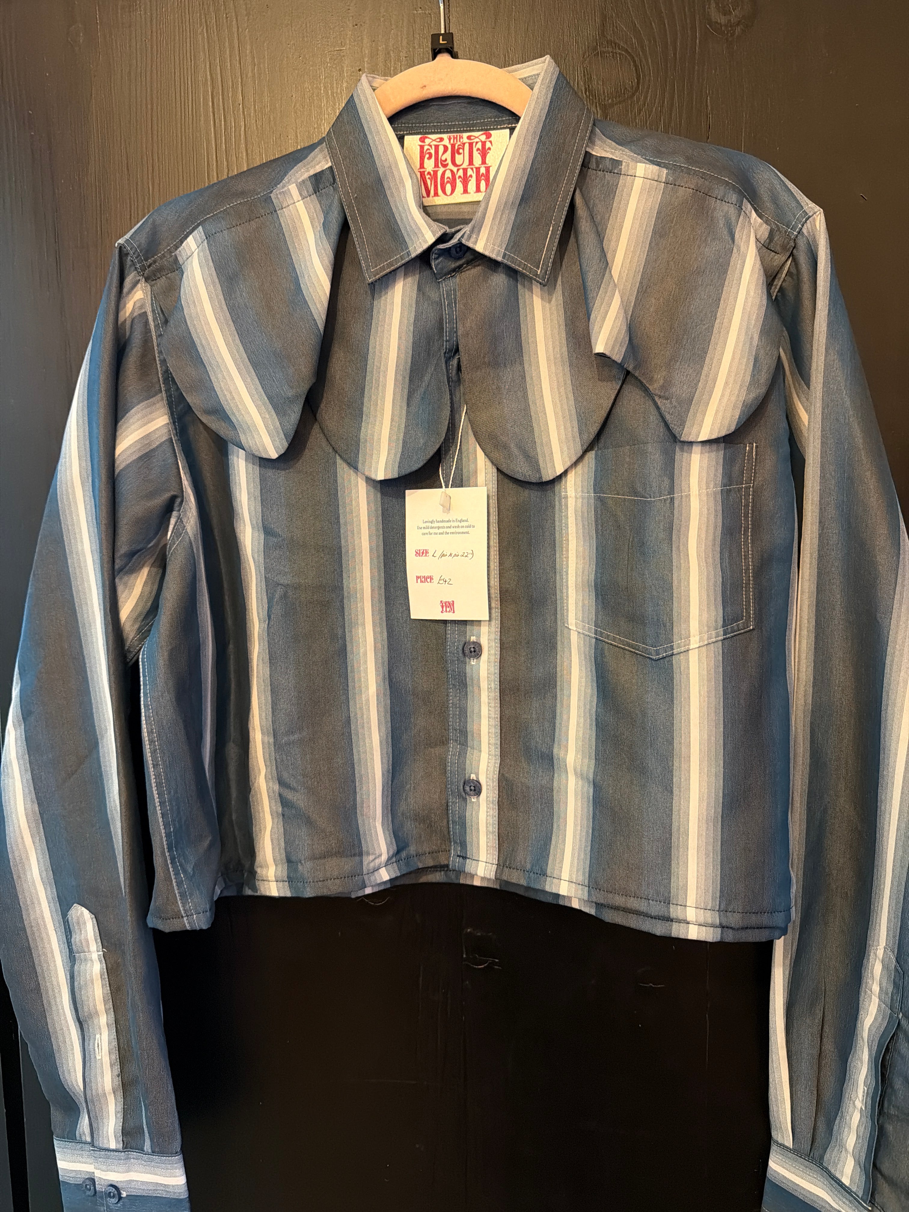 Blue Stripe Wave Collar Cropped Blouse- L