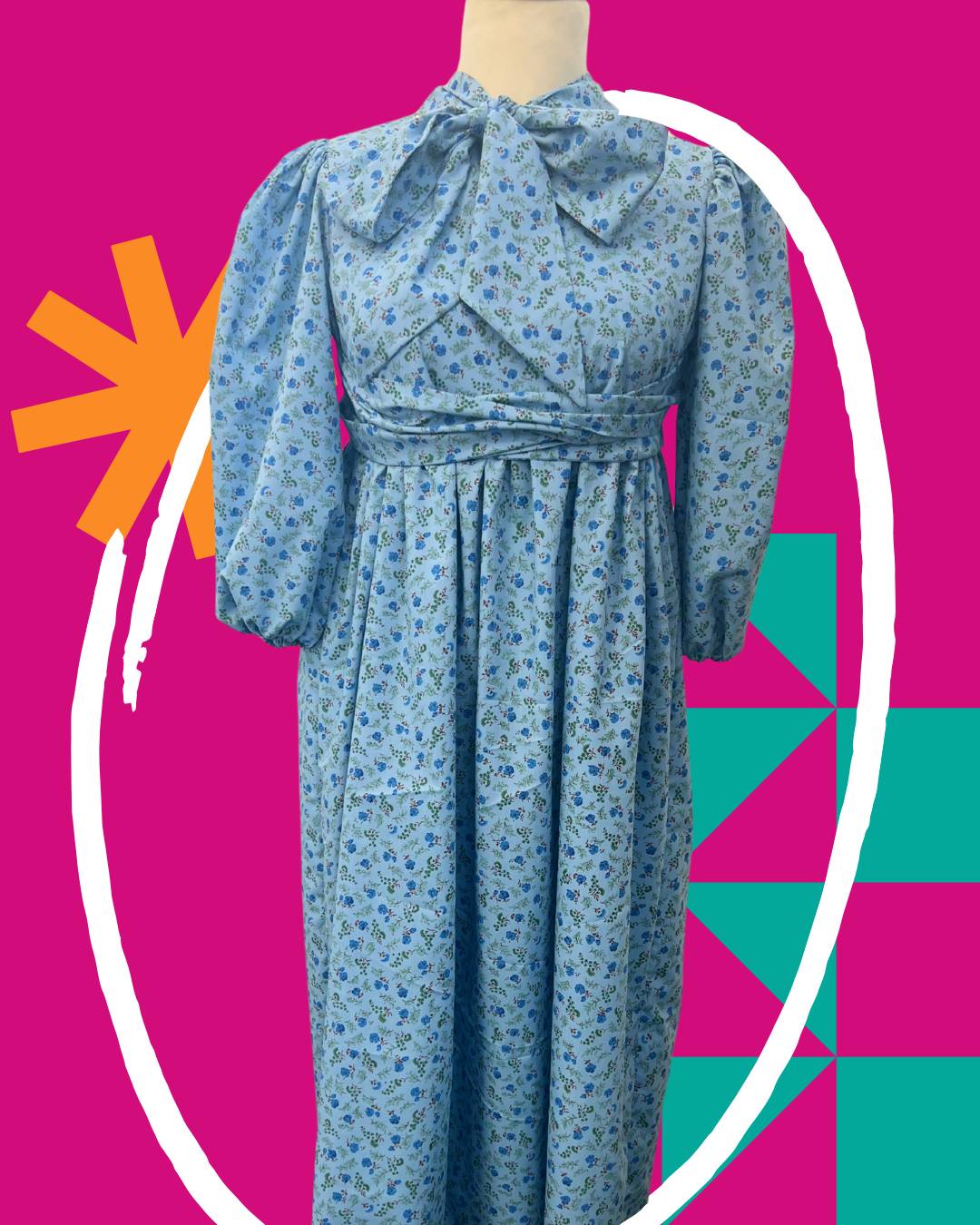 Baby Blue Vintage Ditsy Floral Multi-Way Puff Sleeve Dress - M