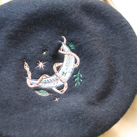 Black Moon and Snake Embroidered Beret