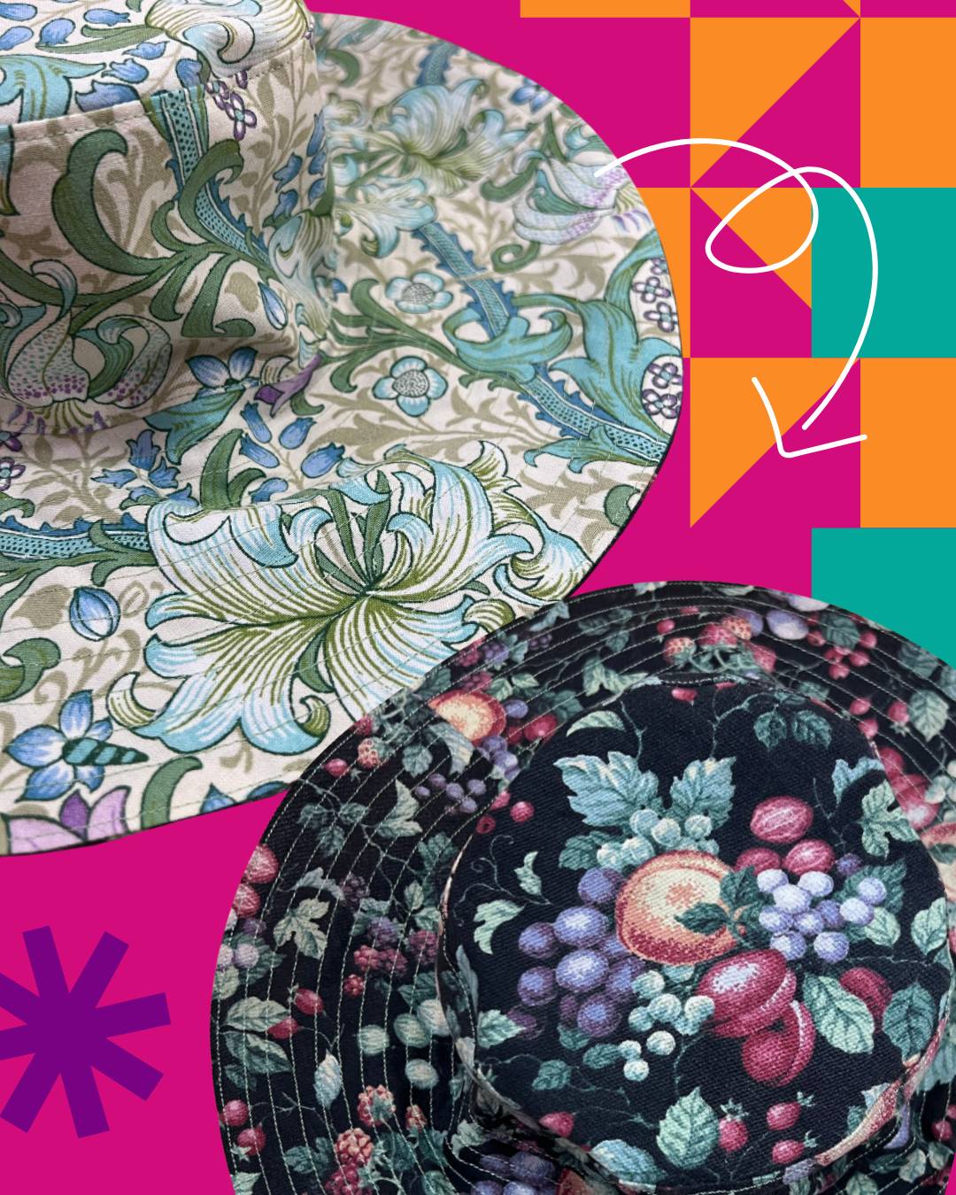 Handmade reversible wide brim sun hat, handmade in Manchester one of a kind hat made from vintage fabrics