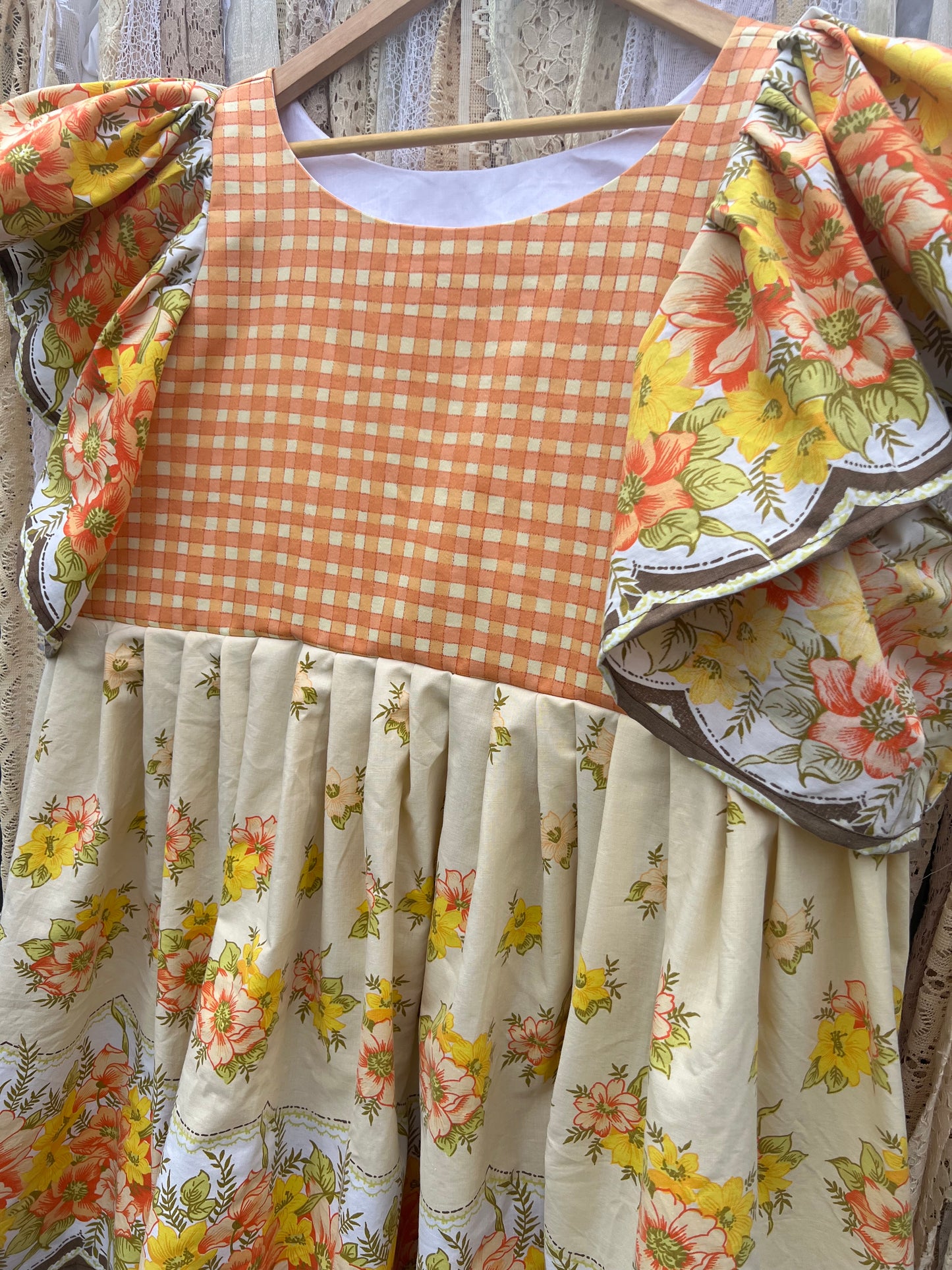 'Rosie' Gingham and 70s Floral Flounce Sleeve Smock Dress