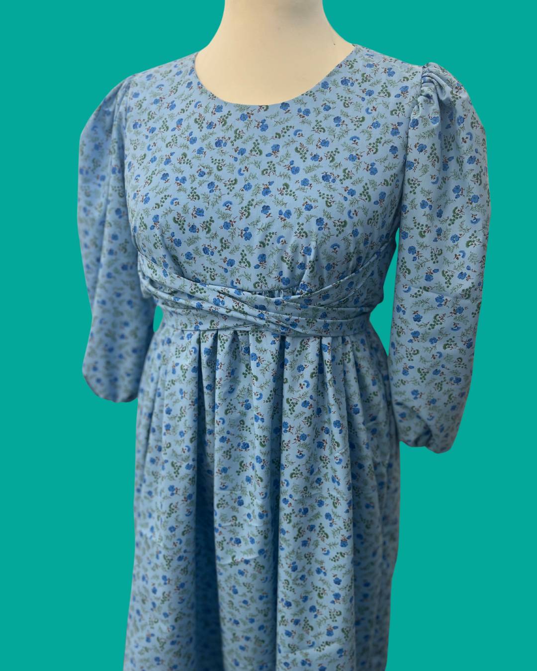 Baby Blue Vintage Ditsy Floral Multi-Way Puff Sleeve Dress - M