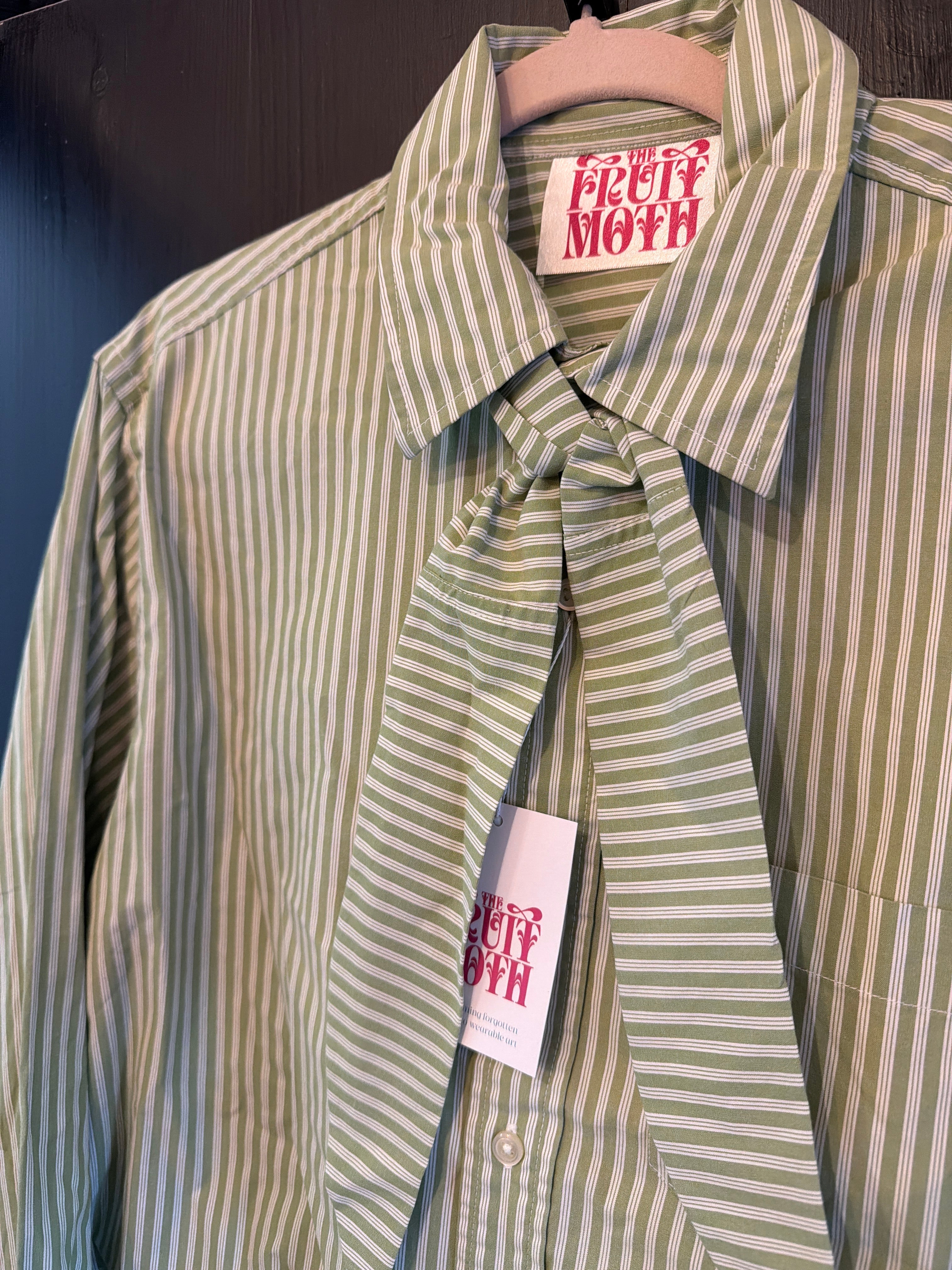 Green Stripe Tie Neck Reworked Blouse- L