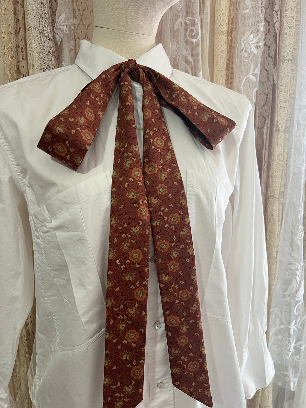 Terracotta Floral Lawn Cotton Pussybow Tie Collar