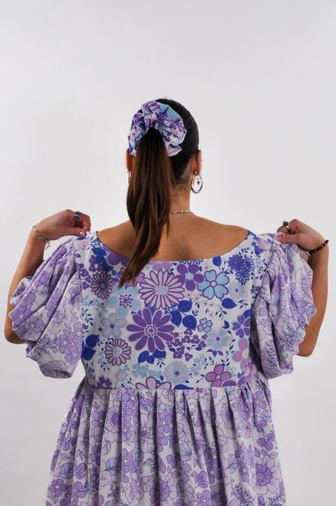 Iris Purple Floral Puff Sleeve Smock Dress